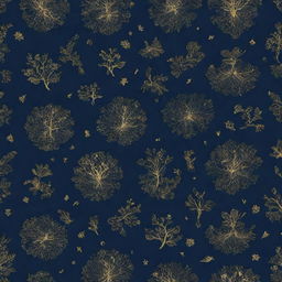 A packaging box pattern design featuring elements of nature in a romantic H.P Lovecraft dystopian theme. The layout is awash with a navy blue background featuring striking golden highlights. 4k resolution.