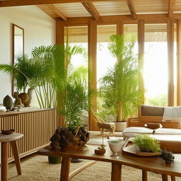 A serene, naturally-inspired living room featuring lush indoor plants, warm earth-tones, and large windows allowing ample light to filter in, highlighting sustainable wooden furniture.