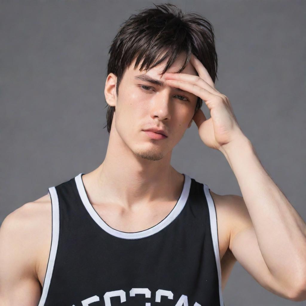 Anime style male character with a short mullet hairstyle, wearing a half-sleeved basketball t-shirt, visibly wiping sweat off his forehead with his shirt, showcasing his abs.