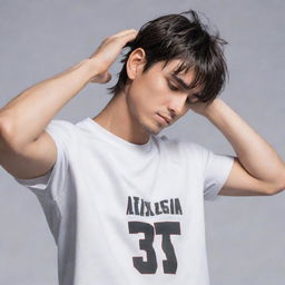 Anime style male character with a short mullet hairstyle, wearing a half-sleeved basketball t-shirt, visibly wiping sweat off his forehead with his shirt, showcasing his abs.