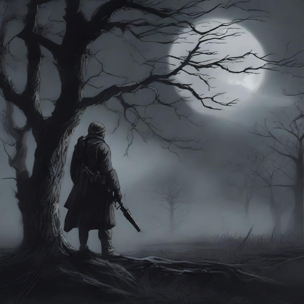 Title: Accursed
In a dark and desolate landscape, shrouded by the shadows of an ancient forest, a lone soldier stands amidst an abandoned battlefield