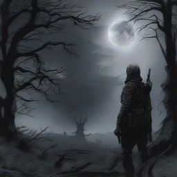 Title: Accursed
In a dark and desolate landscape, shrouded by the shadows of an ancient forest, a lone soldier stands amidst an abandoned battlefield