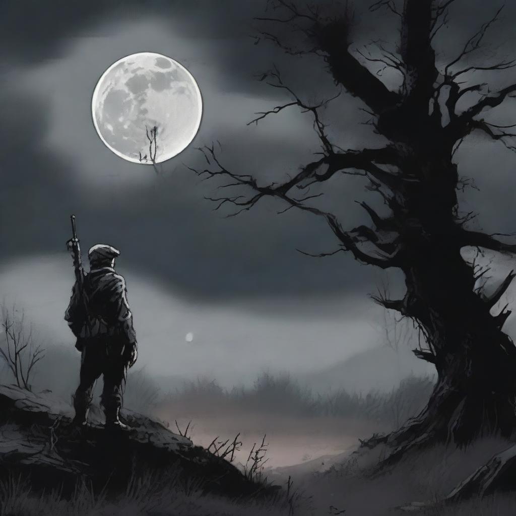 Title: Accursed
In a dark and desolate landscape, shrouded by the shadows of an ancient forest, a lone soldier stands amidst an abandoned battlefield