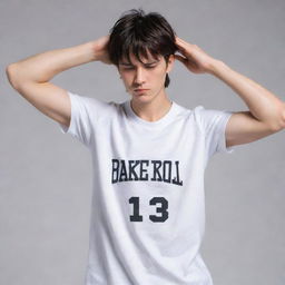 Anime style male character with a short mullet hairstyle, wearing a half-sleeved basketball t-shirt, visibly wiping sweat off his forehead with his shirt, showcasing his abs.