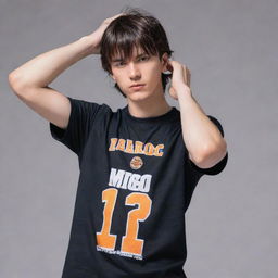 Anime style male character with a short mullet hairstyle, wearing a half-sleeved basketball t-shirt, visibly wiping sweat off his forehead with his shirt, showcasing his abs.