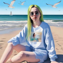 Create an image of Billie Eilish at the beach