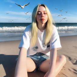 Create an image of Billie Eilish at the beach