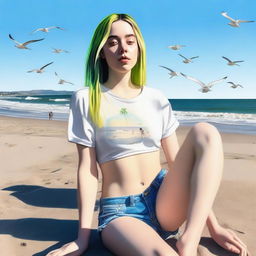 Create an image of Billie Eilish at the beach