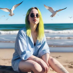 Create an image of Billie Eilish at the beach