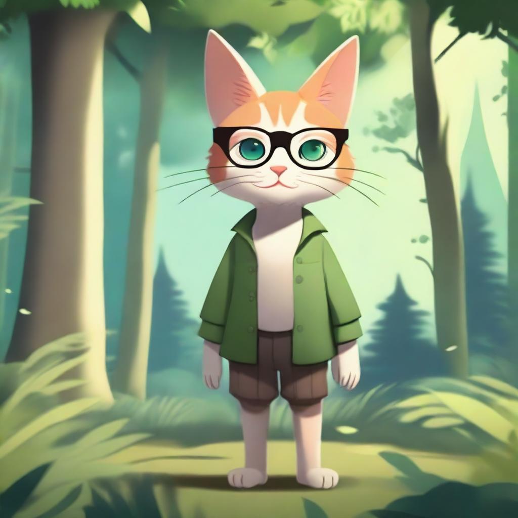 A humanoid feline character standing in a lush forest, surrounded by nature