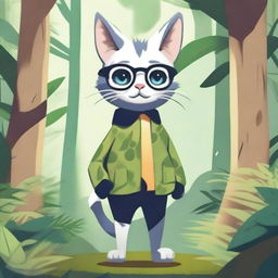 A humanoid feline character standing in a lush forest, surrounded by nature