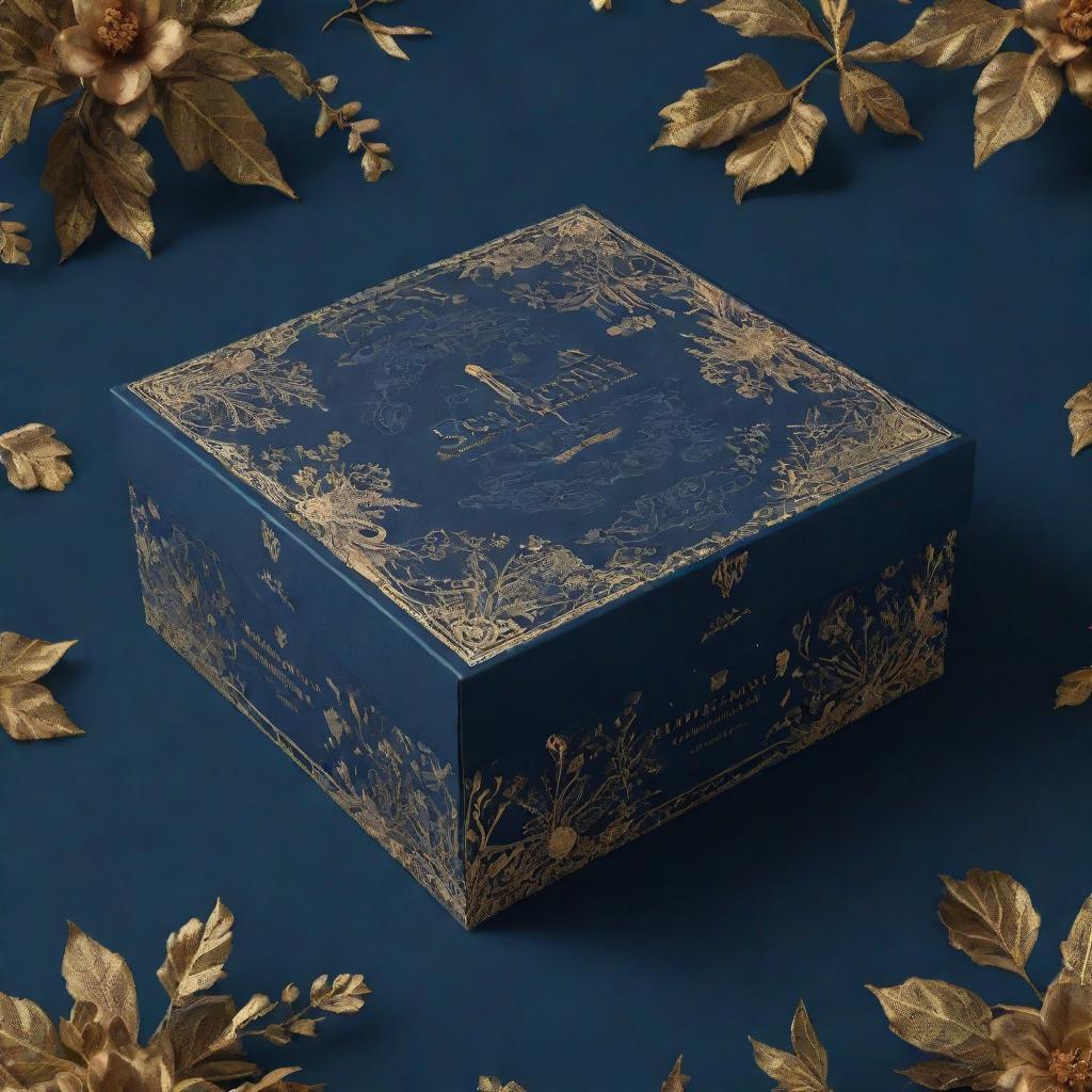 A packaging box pattern design portraying a couple immersed in a romantic H.P Lovecraft dystopian setting, surrounded by elements of nature. Against a navy blue background, golden accents add a touch of cool elegance. Designed in 4k resolution.