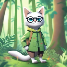 A humanoid feline character standing in a lush forest, surrounded by nature