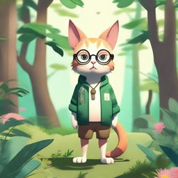 A humanoid feline character standing in a lush forest, surrounded by nature