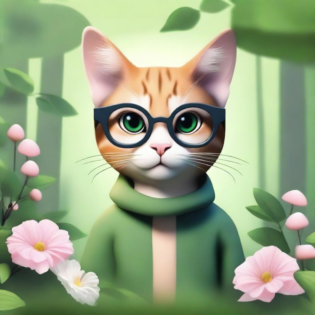 Create a realistic humanoid feline character with circular glasses, deeply connected with nature