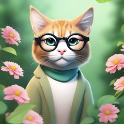 Create a realistic humanoid feline character with circular glasses, deeply connected with nature