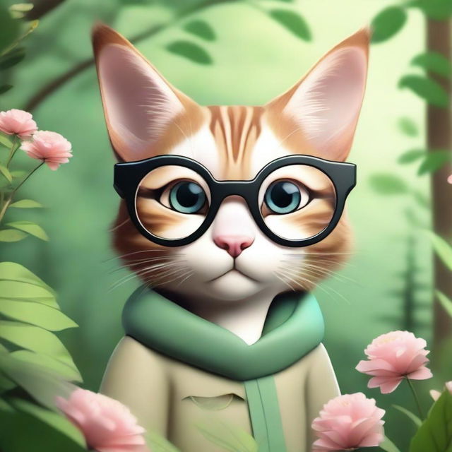 Create a realistic humanoid feline character with circular glasses, deeply connected with nature