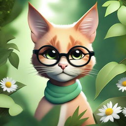 Create a realistic humanoid feline character with circular glasses, deeply connected with nature