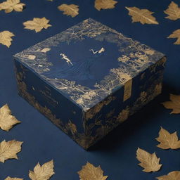 A packaging box pattern design portraying a couple immersed in a romantic H.P Lovecraft dystopian setting, surrounded by elements of nature. Against a navy blue background, golden accents add a touch of cool elegance. Designed in 4k resolution.