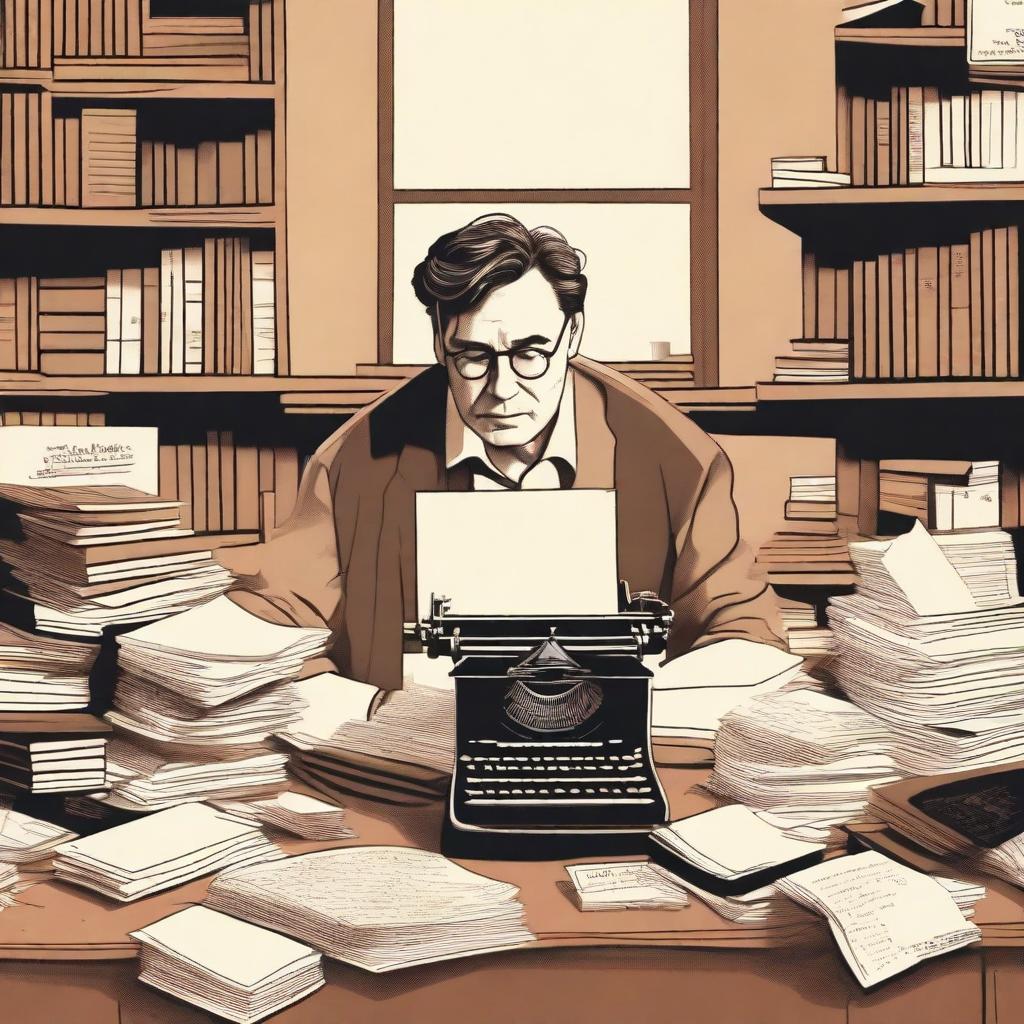 A movie poster featuring a writer sitting at a desk cluttered with papers and books, with a typewriter in front of them