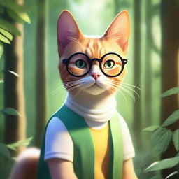 A realistic human character with feline features, blending harmoniously with nature