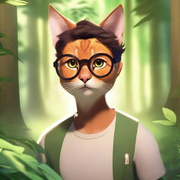 A realistic human character with feline features, blending harmoniously with nature