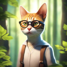 A realistic human character with feline features, blending harmoniously with nature