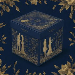 A packaging box pattern design portraying a couple immersed in a romantic H.P Lovecraft dystopian setting, surrounded by elements of nature. Against a navy blue background, golden accents add a touch of cool elegance. Designed in 4k resolution.