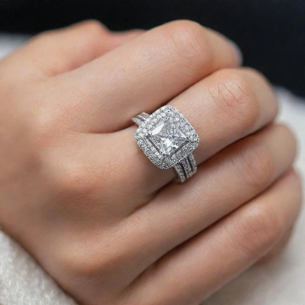 A luxurious silver engagement ring, studded with dazzling diamonds and featuring the initial 'J' prominently inscribed within a square design.