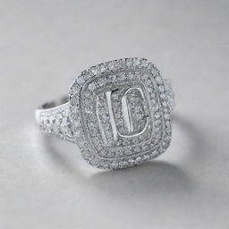 A luxurious silver engagement ring, studded with dazzling diamonds and featuring the initial 'J' prominently inscribed within a square design.