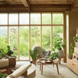 A serene, naturally-inspired living room featuring lush indoor plants, warm earth-tones, and large windows allowing ample light to filter in, highlighting sustainable wooden furniture.