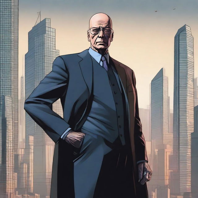 A detailed illustration of Klaus Schwab depicted as a supervillain