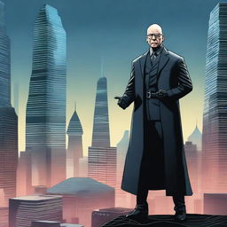 A detailed illustration of Klaus Schwab depicted as a supervillain