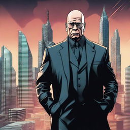 A detailed illustration of Klaus Schwab depicted as a supervillain