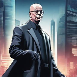 A detailed illustration of Klaus Schwab depicted as a supervillain