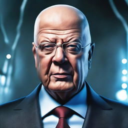 A highly detailed, photorealistic image of Klaus Schwab depicted as a supervillain