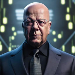 A highly detailed, photorealistic image of Klaus Schwab depicted as a supervillain