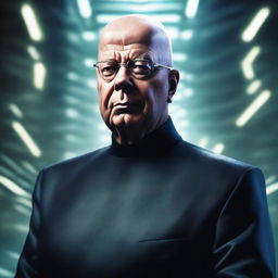 A highly detailed, photorealistic image of Klaus Schwab depicted as a supervillain