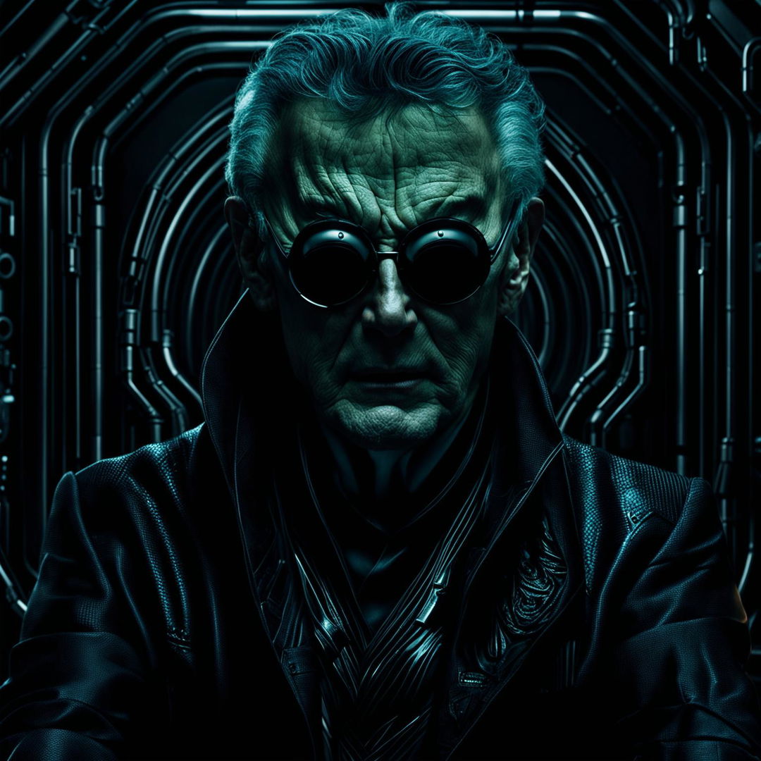 A photorealistic image of Klaus Schwab as a supervillain, wearing a dark outfit in a futuristic, high-tech setting with a sinister expression and a dark, foreboding atmosphere