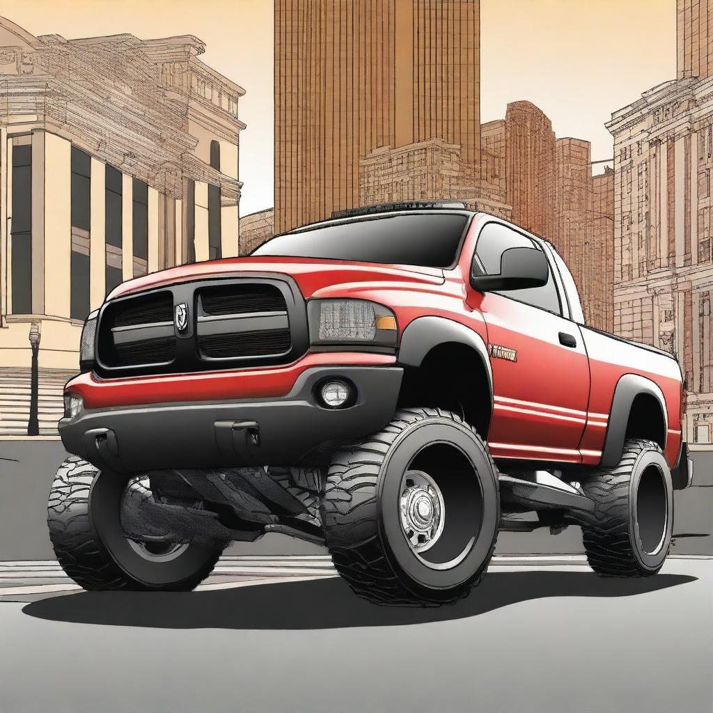 A detailed illustration of a 2003 Dodge Ram 1500 truck equipped with a Rocket Bunny body kit