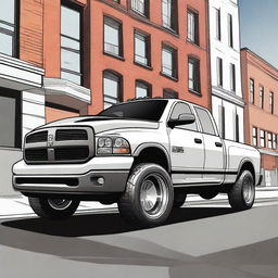 A detailed illustration of a 2003 Dodge Ram 1500 truck equipped with a Rocket Bunny body kit