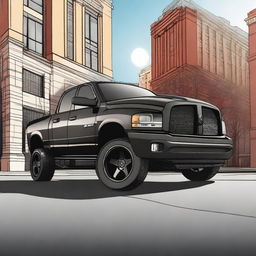 A detailed illustration of a 2003 Dodge Ram 1500 truck equipped with a Rocket Bunny body kit