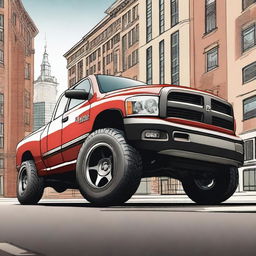 A detailed illustration of a 2003 Dodge Ram 1500 truck equipped with a wide body kit