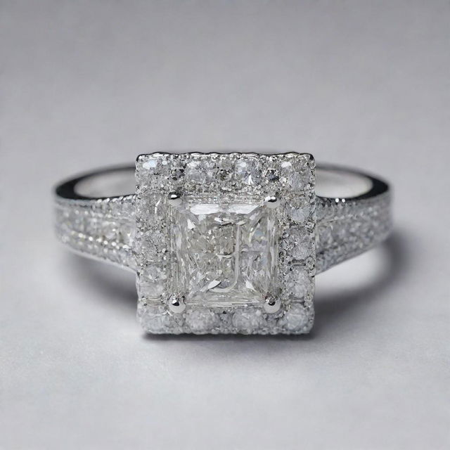 A luxurious silver engagement ring, studded with dazzling diamonds and featuring the initial 'J' prominently inscribed within a square design.