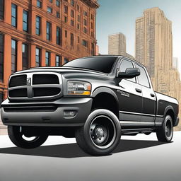 A detailed illustration of a 2003 Dodge Ram 1500 truck equipped with a wide body kit