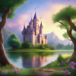 Create a book cover featuring an enchanting fantasy landscape with a majestic castle in the background