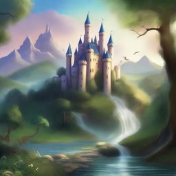 Create a book cover featuring an enchanting fantasy landscape with a majestic castle in the background