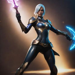 Camille from League of Legends in her signature outfit, poised in her confident battle stance, weaponry gleaming under a dramatic, epic light.