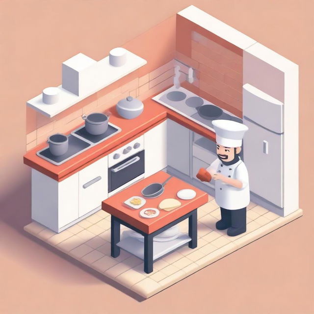 Create an isometric character dressed as a restaurant chef