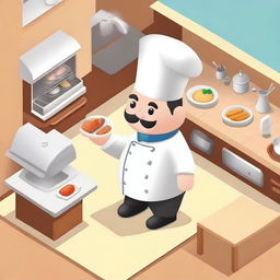 Create an isometric character dressed as a restaurant chef